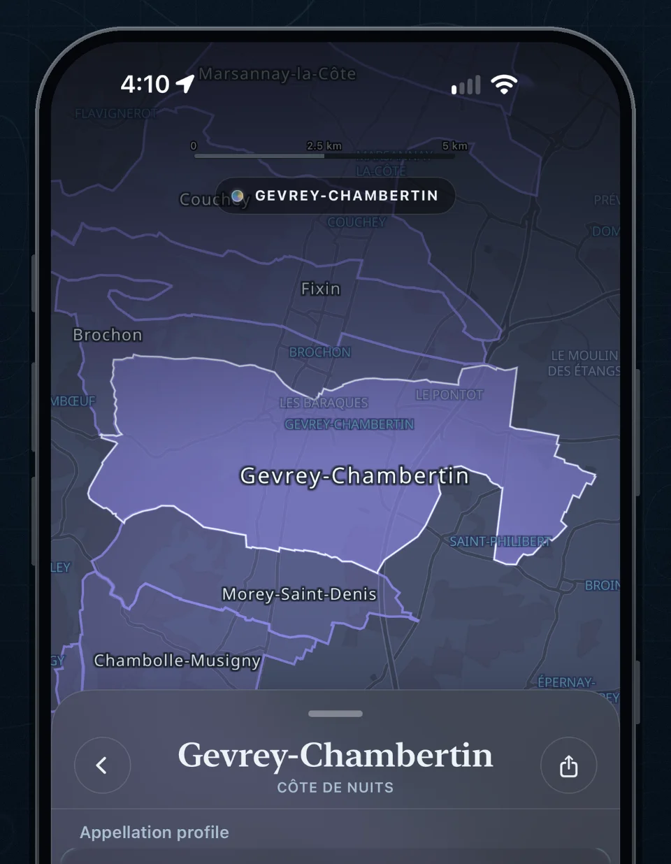 The Gevrey-Chambertin village map on an iPhone